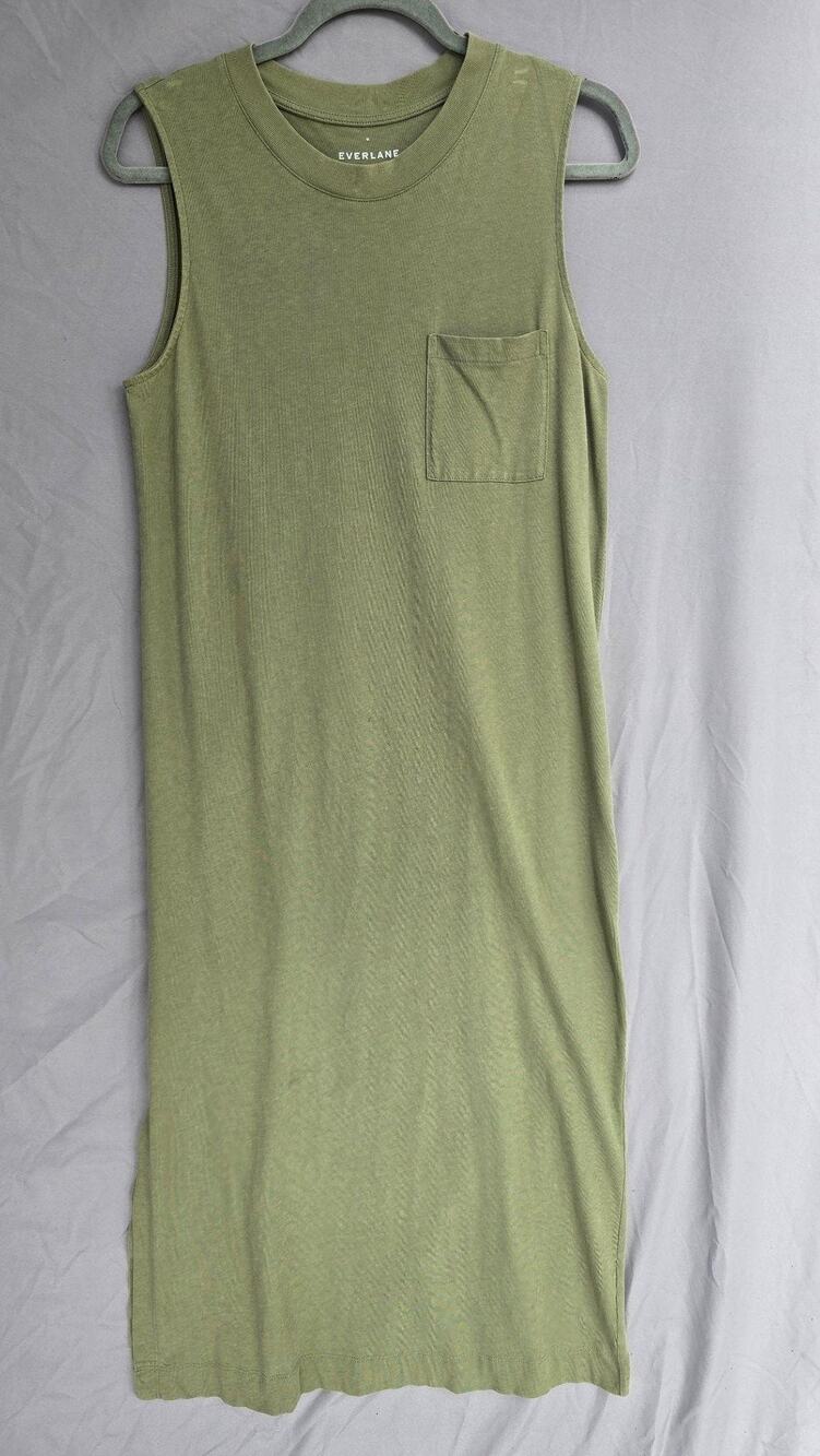 Everlane Dress Womens Medium Green Sleeveless Tank T Shirt Midi Pockets Cotton